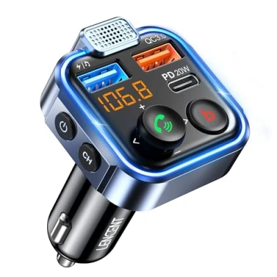 Abbildung von LENCENT FM Transmitter Bluetooth V5.3 Auto Radio Deep Bass Musik Adapter Freisprecheinrichtung Ladegerät mit Dual USB Anschlüsse PD Typ C QC 3.0 Schnellladung Blauem Umgebungslicht