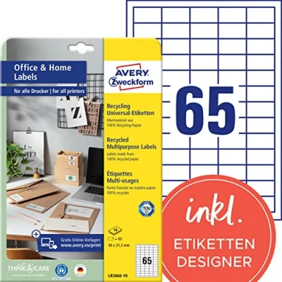 Abbildung von AVERY Zweckform LR3666 10 Recycling Etiketten (650 Adressaufkleber, 38x21,2mm auf A4, 100% recyceltes Altpapier, bedruckbare Universaletiketten, selbstklebende Klebeetiketten) Blatt, naturweiß