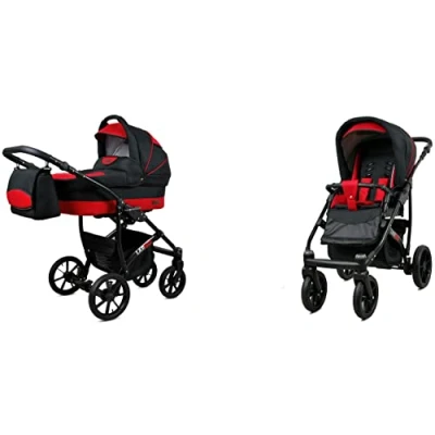 Abbildung von BabyLux Largo 2 in 1 Baby Kinderwagen Tief und mit Zubehör Verstellbar faltbar Aluminiumkonstruktion Wasserdicht Nicht abnehmbare Räder Black Frame