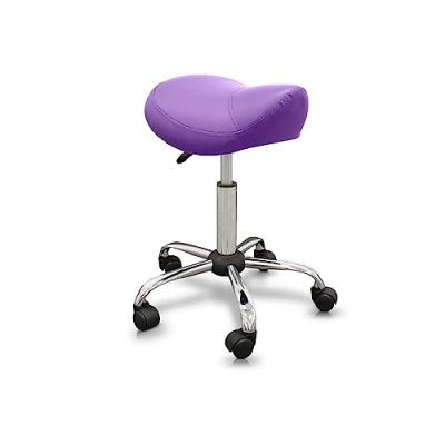 Abbildung von QUIRUMED Pony Hocker, ergonomisch, mit Stahlgestell, Farbe Lila, Kunstlederpolsterung, höhenverstellbar, gepolsterter Sitz, drehbare Räder, bis 150 kg