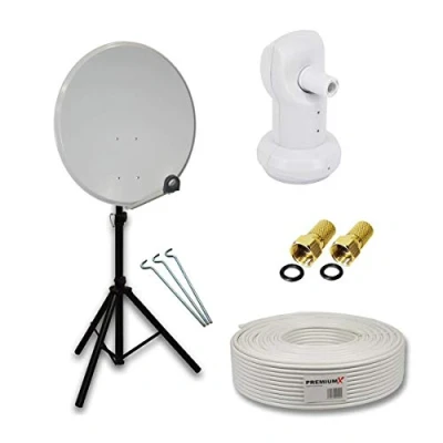 Abbildung von Premium X Camping Satelliten Komplettanlage 80cm Satellitenschüssel Aluminium SAT Single LNB 10m Kabel F Stecker Dreibein Stativ
