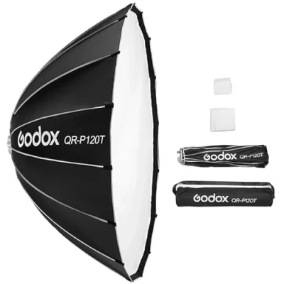 Abbildung von Godox QR P120T 120 cm/47,2 Zoll parabolische Tiefe Softbox, Schnellverschluss, Faltbare Softbox mit Standard Bowens Halterung und Diffusoren für Blitzgerät Speedlite Dauerlicht Fotografie Porträt