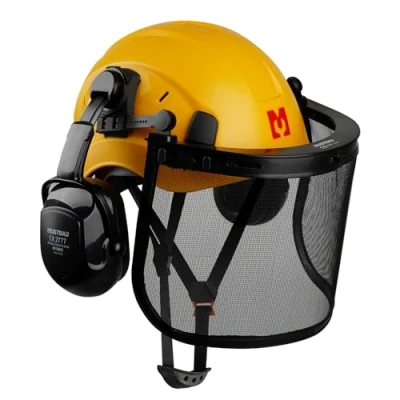 Abbildung von Mustbau Kettensägen Schutzhelm, Schutzhelm mit Gehörschutz und Netzvisier, 53 bis 63 cm Verstellbarer Kopfumfang geeignet für Forstwirtschaft, Baustelle, Arbeit Gelb