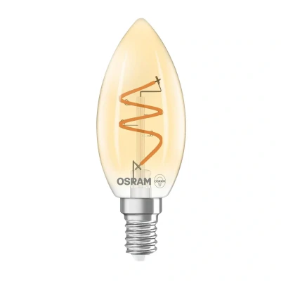 Abbildung von OSRAM Vintage 1906 Classic ist eine warmweiße, dimmbare LED Lampe in Minikerzenform mit spiralförmigem Filament. Sie bietet 3.5 W, 300 lm, E14 Fassung, goldfarbenes Glas, 35 mm Durchmesser, 2200 K.