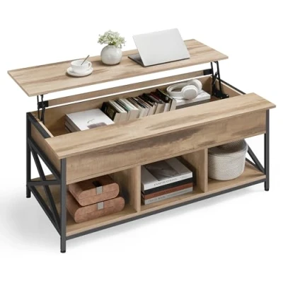 Abbildung von VASAGLE Couchtisch, höhenverstellbarer Wohnzimmertisch, Kaffeetisch, offener und versteckter Stauraum, x Streben, 60 120 (48 62) cm, Kamelbraun schwarz LCT215K50