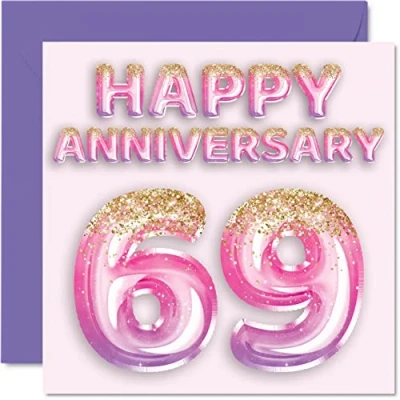 Abbildung von Stuff4 Hübsche Karte zum 69. Jahrestag für Ehefrau, Freundin, Ehemann, Freund, rosa lila Glitzer Luftballons Happy 69 Jahrestagskarten aus der Familie, 145 mm x Grußkarten Jubiläen