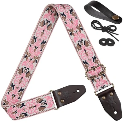 Abbildung von Amumu Gitarrengurt, Blume des Lebens, bestickt, genarbtes Leder, für Bass, Elektro und Akustik, Rosa, Pink, 37.5“ 64“