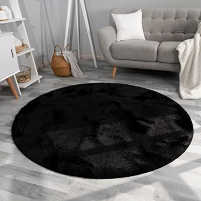 Abbildung von TT Home Wohnzimmer Teppich Hochflor Langflor Kunstfell Weich Modern Unifarben Flauschig, Farbe: Schwarz, Größe:160 cm Rund