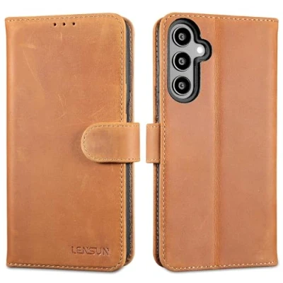 Abbildung von LENSUN Echtleder Hülle für Samsung Galaxy A25 5G, Handyhülle [Echtes Leder][RFID Schutz][Kartenfach] Handytasche Lederhülle Flip Cover Vintage Braun