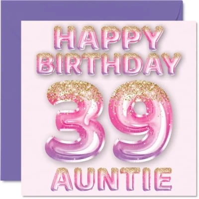 Abbildung von Stuff4 Geburtstagskarte zum 39. Geburtstag für Tante rosa &amp; lila Glitzerballons Happy Birthday Karten 39 Jahre alte von Neffe Nichte, 145 mm x