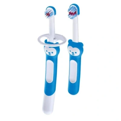 Abbildung von Mam Learn To Brush Zahnbürsten Set für Kinder mit langem Griff, 5 Monate, hellblau