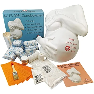 Abbildung von ALLES DRIN Gipsabdruck Babybauch Set inkl. Glättung &amp; Veredelung 1A Geschenke für werdende Mütter 3D Gipsbinden Abdruckset