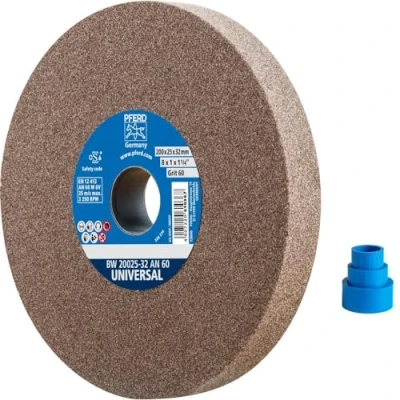 Abbildung von PFERD Schleifbockscheibe UNIVERSAL, 200x25x32mm, A60, 39008441 Harte Schleifscheibe für universelle Schleifaufgaben, mit Reduzierhülsen (25/20/16mm)