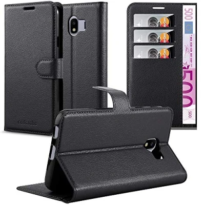 Abbildung von Cadorabo Hülle kompatibel mit Samsung Galaxy J4 2018 Handyhülle aus Kunst Leder Flip Klappbare Stoßfeste Magnetische [Standfunktion] [Kartenfächern] Cover für Tasche in Schwarz