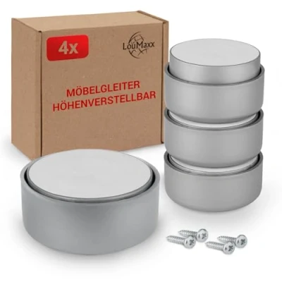 Abbildung von LouMaxx Möbelfüße höhenverstellbar Füße für Möbel Ø 53,5 mm aus Kunststoff Hochwertige Möbelerhöhung zum Kleben oder Schrauben 4er Set Gleitfüße in Silber inkl. Montagematerial