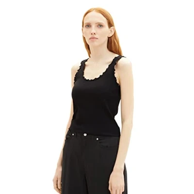 Abbildung von TOM TAILOR Denim Damen 1038422 Basic Top mit Rüschen, 14482 Deep Black, M