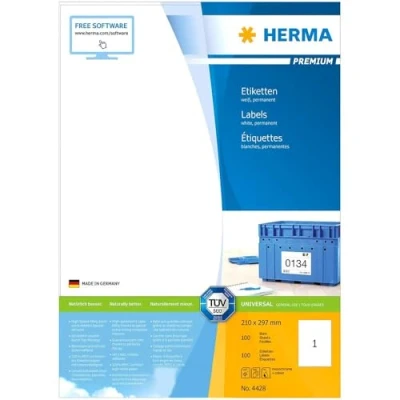 Abbildung von HERMA 4428 Universal Etiketten, 100 Blatt, 210 x 297 mm, 1 pro A4 Bogen, Stück, selbstklebend, bedruckbar, matt, blanko Papier Klebeetiketten Aufkleber, weiß