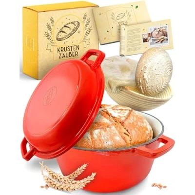 Abbildung von Krustenzauber Brotbackform Gusseisen Topf Brot Backen [inkl. Gärkorb] , (Hochwertiger Emaille Topf), Idealer gusseiserner Brottopf zum Backen, Gusseisentopf Brotbacken