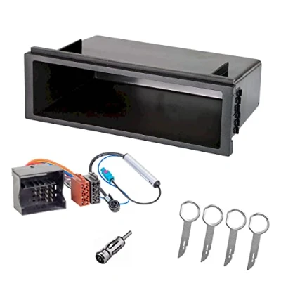 Abbildung von Audioproject A257 Autoradio Einbau Set Radioblende Fach 1DIN Radio für VW Polo 9N / 9N3 Lupo Golf 4 T4 T5 Passat Radioadapter 2 x Antennenadapter Fakra DIN ISO Entriegelungsbügel