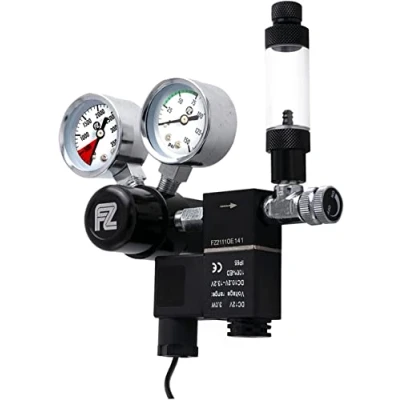 Abbildung von FZONE CO2 Druckminderer Aquarium Regler DC Magnet mit großem Dual Gauge Display sowie Blasenzähler und Rückschlagventilanlage Grow DIY System w21.8 seitlich offener Zylinder