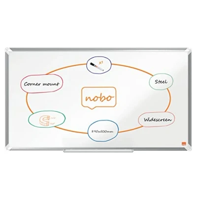 Abbildung von Nobo Emaille Whiteboard in Widescreen Format, 50 x 89 cm, Aluminiumrahmen, Traditionelle Eckmontage, Inkl. Stiftablage, Premium Plus, Weiß, 1915366