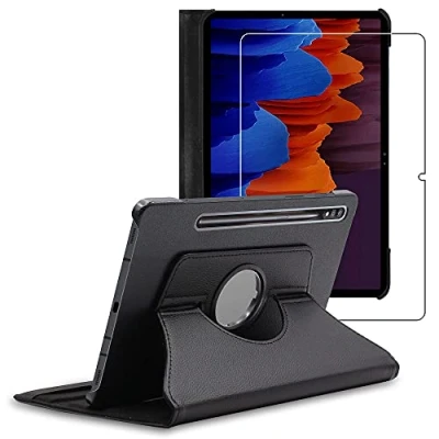 Abbildung von ebestStar Hülle für Samsung Galaxy Tab S7+ SM T970, Drehbar Schutzhülle, PU Lederhülle, Rotierende Ständer Etui, Rotating Case Cover, Schwarz + Panzer Schutz Glas