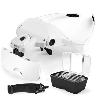 Abbildung von AUTOPkio Lupenbrille mit Licht LED Kopfbandlupe, verstellbare Hände Freie Headset Lupe 2 Leichte Stirnband Gläser für Reparieren, 5 Linsen 1.0X, 1.5X, 2.0X, 2.5X, 3.5X