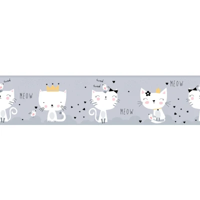 Abbildung von A.S. Création Bordüre &quot;Meow Cats&quot;, Tapete Kinderzimmer Katzen Grau Weiß Schwarz