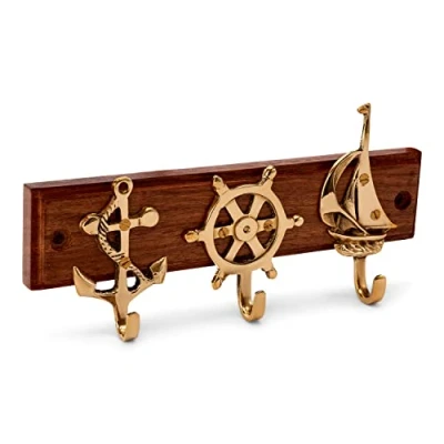 Abbildung von NKlaus Dekofigur Maritim Schlüsselbrett Messing auf Holz Anker, Steuerrad, Boot Schlüss, Made in Germany