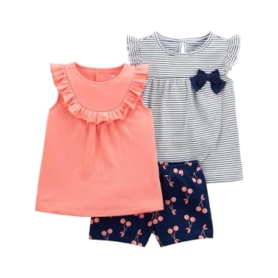 Abbildung von Simple Joys by Carter&#039;s Baby Mädchen 3 Piece Playwear T Shirt Set, Marineblau Streifen/Pfirsich/Kirschen, 18 Monate