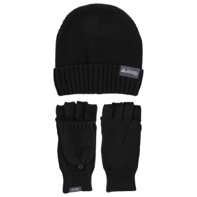Abbildung von Jeep Unisex Erwachsene Men&#039;s Women&#039;s 2 Piece Beanie and Convertible Gloves One Size Fits Most Winter Zubehör Set, Schwarz, Eine Größe passt meistens
