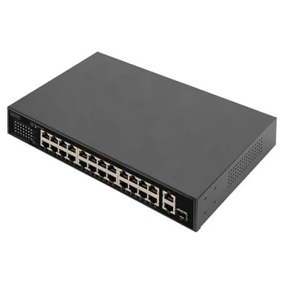 Abbildung von DIGITUS 26 Port Fast Ethernet PoE Netzwerk Switch 24x 100 Mbps RJ45 + 1x Gbps Kombi SFP 19 Zoll 185W Budget 10/100