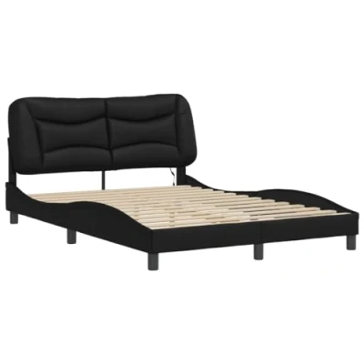 Abbildung von vidaXL Bettgestell, Polsterbett Bett mit LED, Bettrahmen Lattenrost Wellenform, Doppelbett für Schlafzimmer, Schwarz 140x200cm Kunstleder