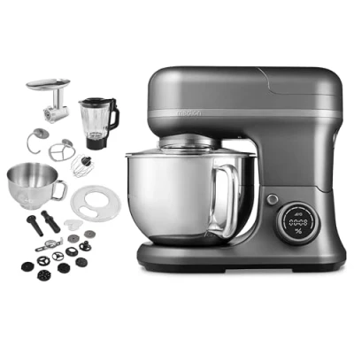 Abbildung von MEDION 3 in 1 Universal Küchenmaschine (Digital, 1.200 Watt, 8 Stufen, Mischen Kneten Rühren Mixen Fleischwolf, Eisschüssel für Zubereitung von Eis, digitales Touch Display, MD18430) Titan