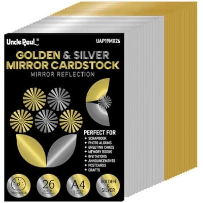 Abbildung von A4 Goldener &amp; Silberner Spiegelkarton 26 Blatt (13 Gold + 13 Silber), 250 g/m², metallisch reflektierendes Papier für Bastel und Dekorationszwecke UAP19MX26