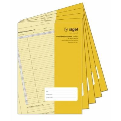 Abbildung von SIGEL AW480/5 Ausbildungsnachweisheft/Berichtsheft für tägliche Eintragungen, 5 Stück, DIN A4, 28 Blatt / 56 Seiten, 1 Woche im Überblick auf Seite, ausreichend Jahr