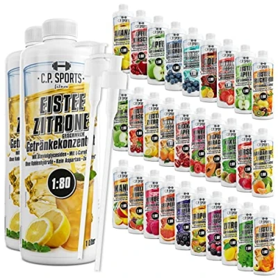 Abbildung von C.P. Sports Getränkesirup für Mineraldrink I Sirup zuckerfrei Vital Drink EISTEE ZITRONE mit Vitaminen Getränkekonzentrat zum Mischen Wasser Sport Getränk 2 Liter + Pumpspender