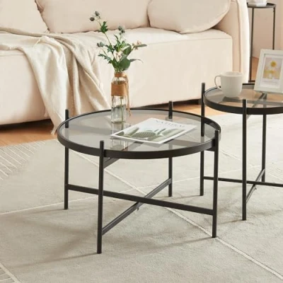 Abbildung von en.casa Couchtisch, »Lier« rund Metallgestell mit Glasplatte Ø61 x 39,5 cm Schwarz