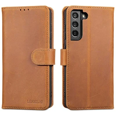 Abbildung von LENSUN Echtleder Hülle für Samsung Galaxy S21 FE 5G, Handyhülle Echt Leder [Kartenfach] [RFID Schutz] Handytasche Lederhülle Vintage Braun