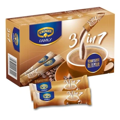 Abbildung von KRÜGER Family 3 in 1, Instant Kaffee Sticks mit löslichem Kaffee, Kaffeeweißer &amp; Zucker, 10 (18g)
