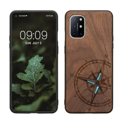 Abbildung von kwmobile Hülle kompatibel mit OnePlus 8T Holz Case Handy Cover TPU Handyhülle in Dunkelbraun Vintage Kompass Perlmutt