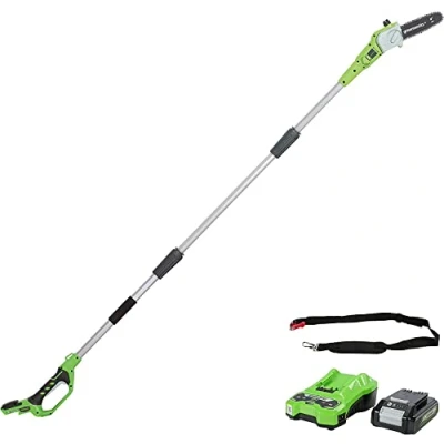 Abbildung von Greenworks G24PS20K2 Akku Hochentaster,20 cm Blattlänge, 6,7 m/s Kettengeschwindigkeit, 3,2 kg, automatisches Öl System, 50 ml Öltank, 2,6m Stangenreichweite,24V 2Ah &amp; Ladegerät, 3 Jahre Garantie