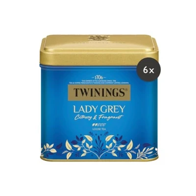 Abbildung von Twinings LADY GREY Schwarzer Tee in der Dose Mischung chinesischer Schwarztee Teesorten mit Orangen &amp; Zitronenschale, vollendet Bergamotte Aroma, 6er Pack (je 100g)