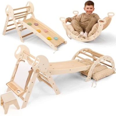 Abbildung von Goodevas 5 in 1 Montessori Klettergerüst Set: Indoor Kletterdreieck, Kletterbogen mit Kissen, Rutsche für Kinder &amp; Kunst hinzufügen, Spielplatz 3 Jahre