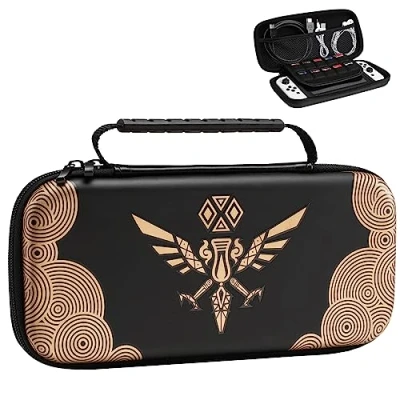 Abbildung von TiMOVO Tasche Kompatibel mit Nintendo Switch OLED Modell 2021 &amp; Switch, Hartschalen Aufbewahrung 10 Spielkartenhaltern Konsole Zubehör Dauerhafte Tragetasche Hülle Case, Schwarzer Goldadler