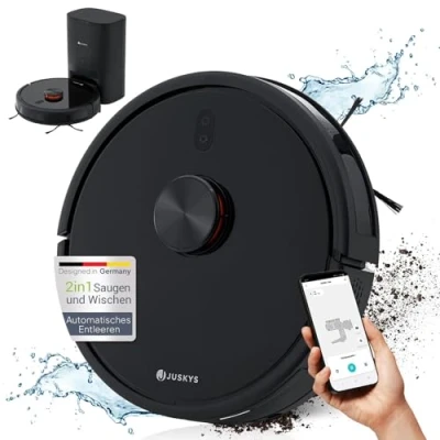 Abbildung von Juskys Saugroboter EcoTrek M300, mit Absaugstation, Wischfunktion, Laser LDS Navigation, App Steuerung