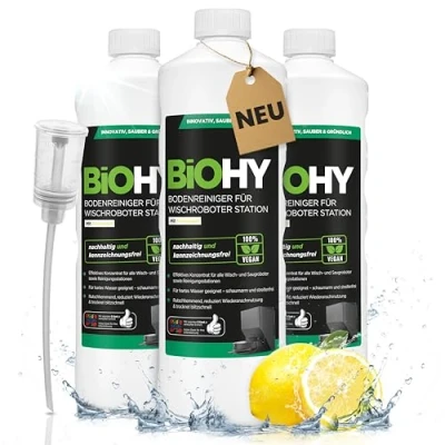 Abbildung von BiOHY Bodenreiniger für Wischroboter Station mit Frischeduft (3 x 1 Liter) + Dosierer Reinigungsmittel Konzentrat alle Wisch &amp; Saugroboter Nass Funktion Schaumarm Streifenfrei