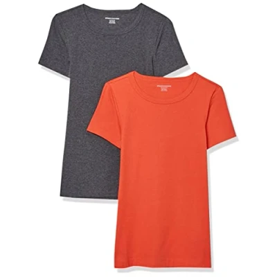 Abbildung von Amazon Essentials Damen Kurzärmeliges T Shirt mit Rundhalsausschnitt, Schmale Passform, 2er Pack, Dunkelgrau Meliert/Tomatenrot, XXL