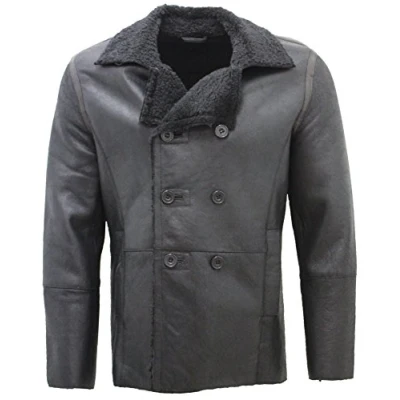 Abbildung von Infinity Herren Schwarz zweireihiger Echt Schaffell PEA Coat XL