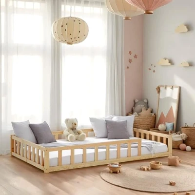 Abbildung von Homestyle4u Bodenbett 120x200 Natur Montessori Kinder Holzbett Kinderbett mit Rausfallschutz Matratze Lattenrost